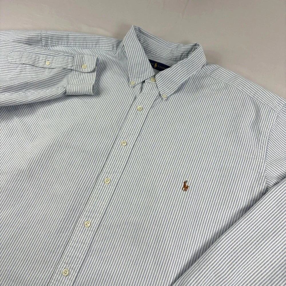 Polo Ralph Lauren Shirt Mens 3XLT Tall Blue Striped Flesh Pony Button Up - Picture 1 of 10